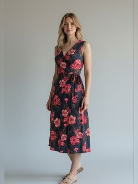 Garnet Hill Floral Wrap Midi Dress - Pink and Navy L